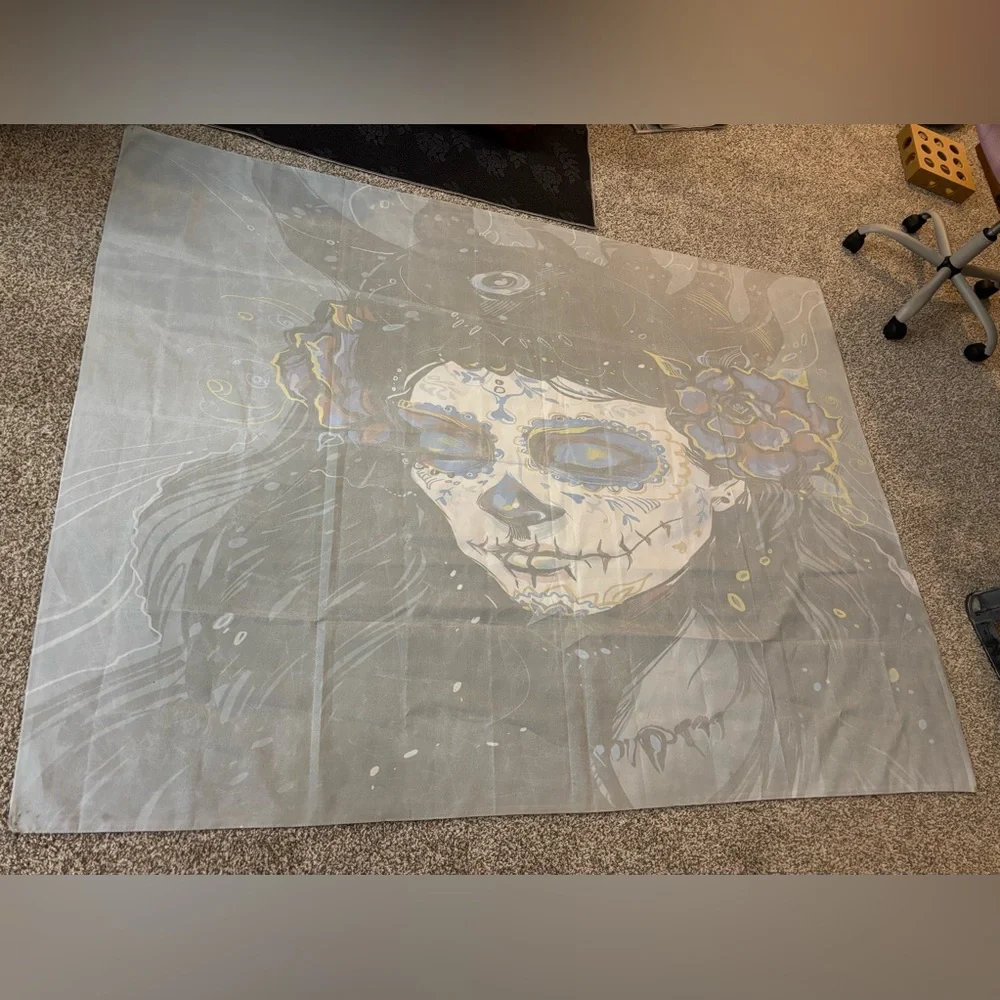Midnight Sugar Skull of Womans Face Wall Tapestry 59”W 79”L